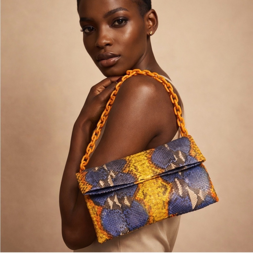 Mandalay Denim Canary Motif Python Leather Foldover Clutch Chain SClutch